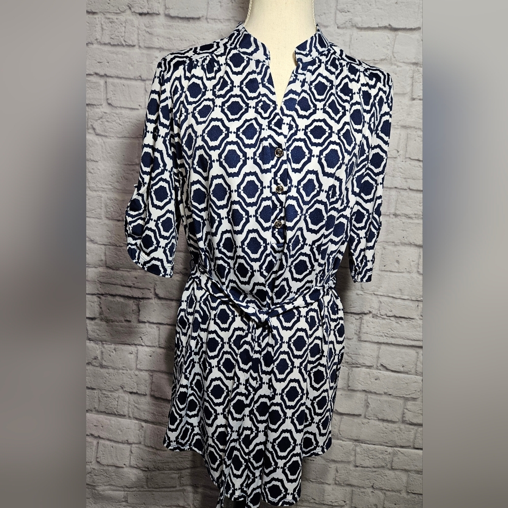 PerSeption Concept Navy and White Geometric Tunic Blouse